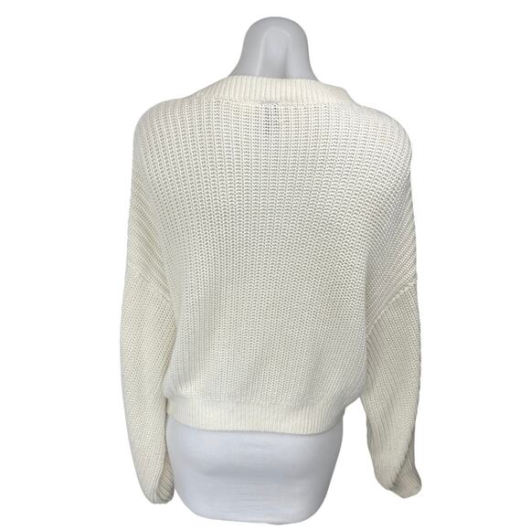 H&M White Long Sleeve Knit Deep V Neck Button Up Cardigan Sweater Top Size L - Picture 2 of 4